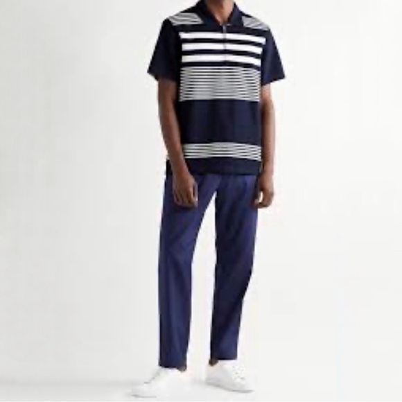 Club Monaco Block Stripe Zip Polo Short Sleeve Cotton Knit Shirt Navy Medium - Picture 2 of 14